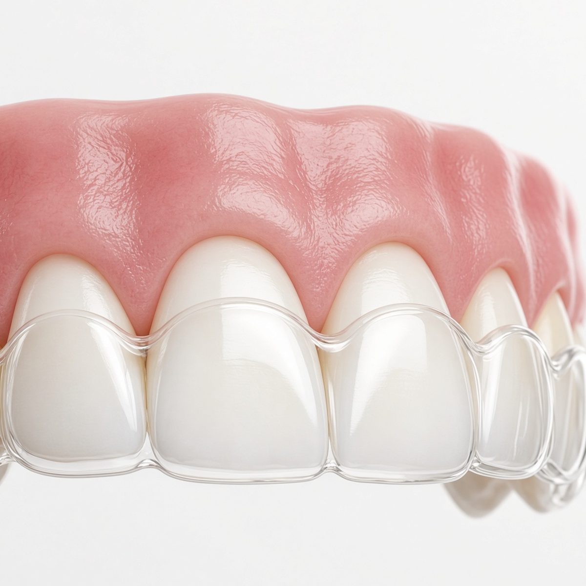 Illustration of a clear aligner tray on the upper teeth