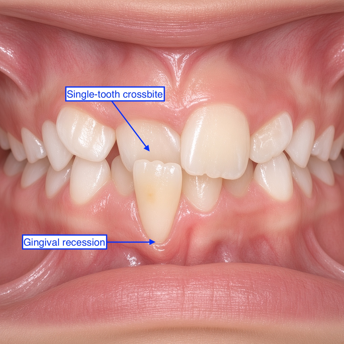 Illustration of a single upper incisor in crossbite with gingival recession